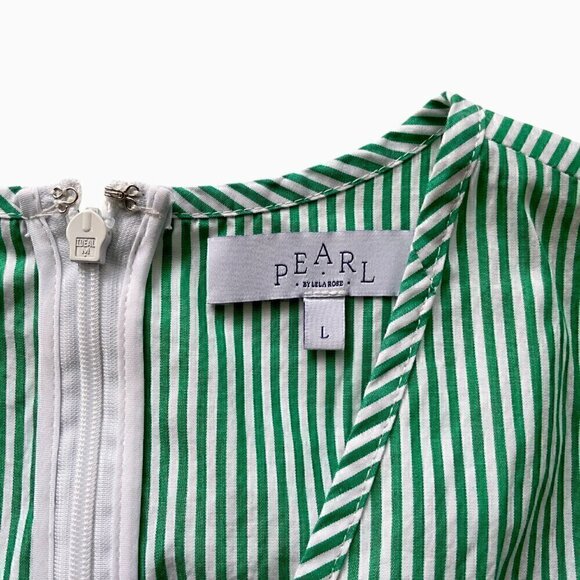 Pearl by Lela Rose Green White Stripe Cotton Dress Bow Tie Waist L - Picture 7 of 9